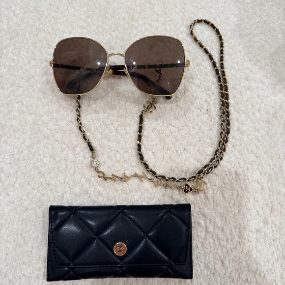 CHANEL Gold Frame Sunglasses with Black Chain